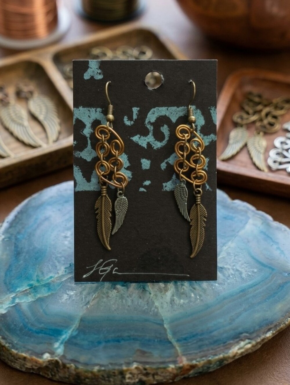 Gold and Bronze Feather Chain Link Drop Earrings